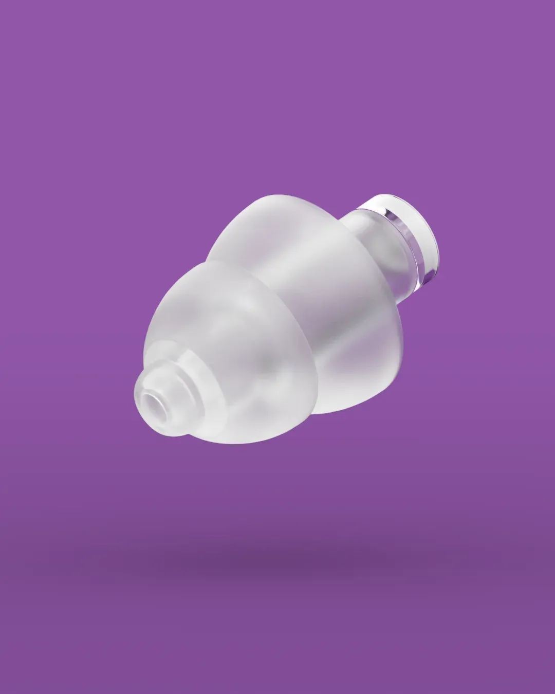 A clear current-generation Alpine PartyPlug Pro earplug on a purple product background.