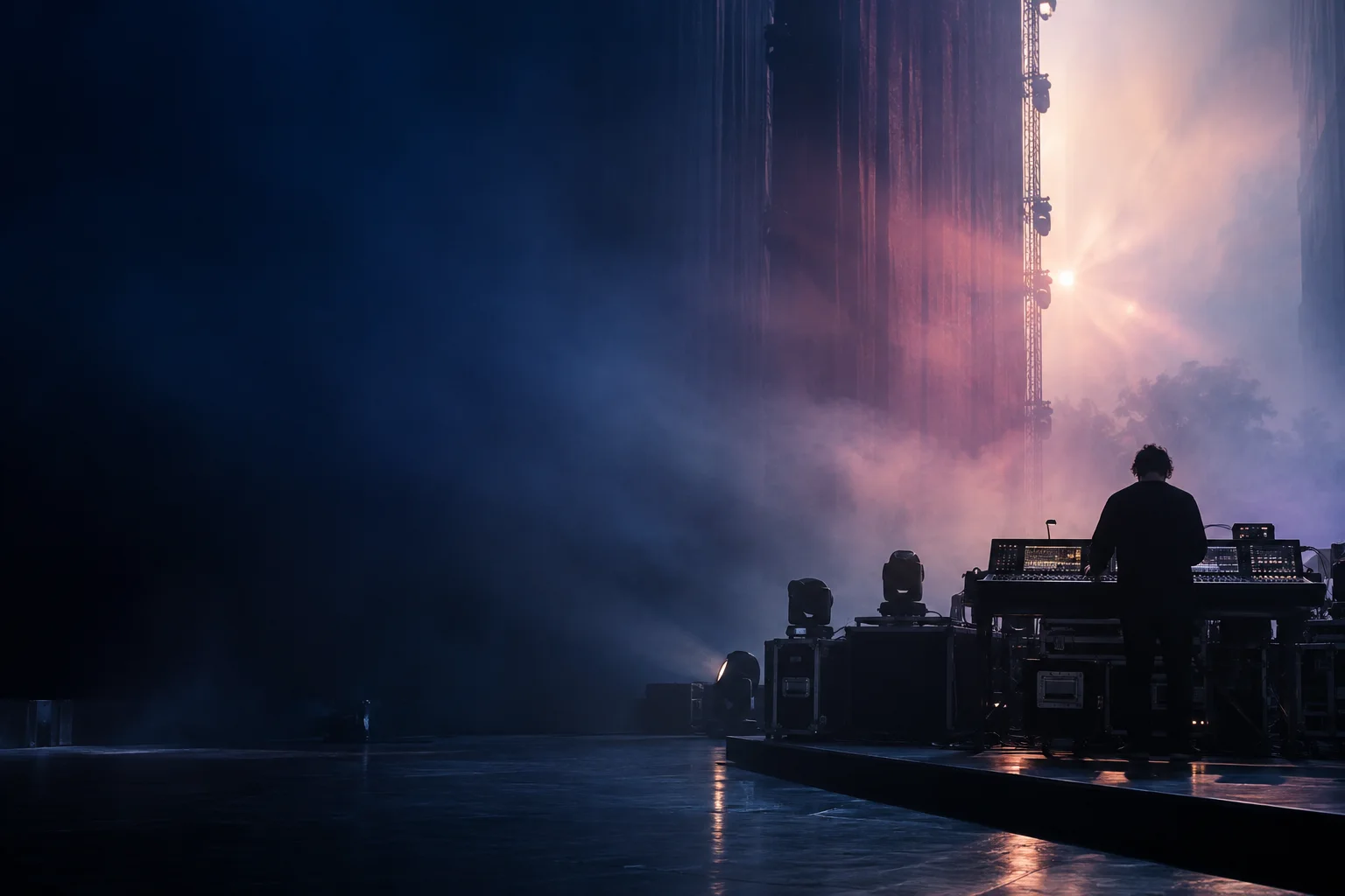 Anonymous electronic performer at a stage console beneath cobalt and rose light.