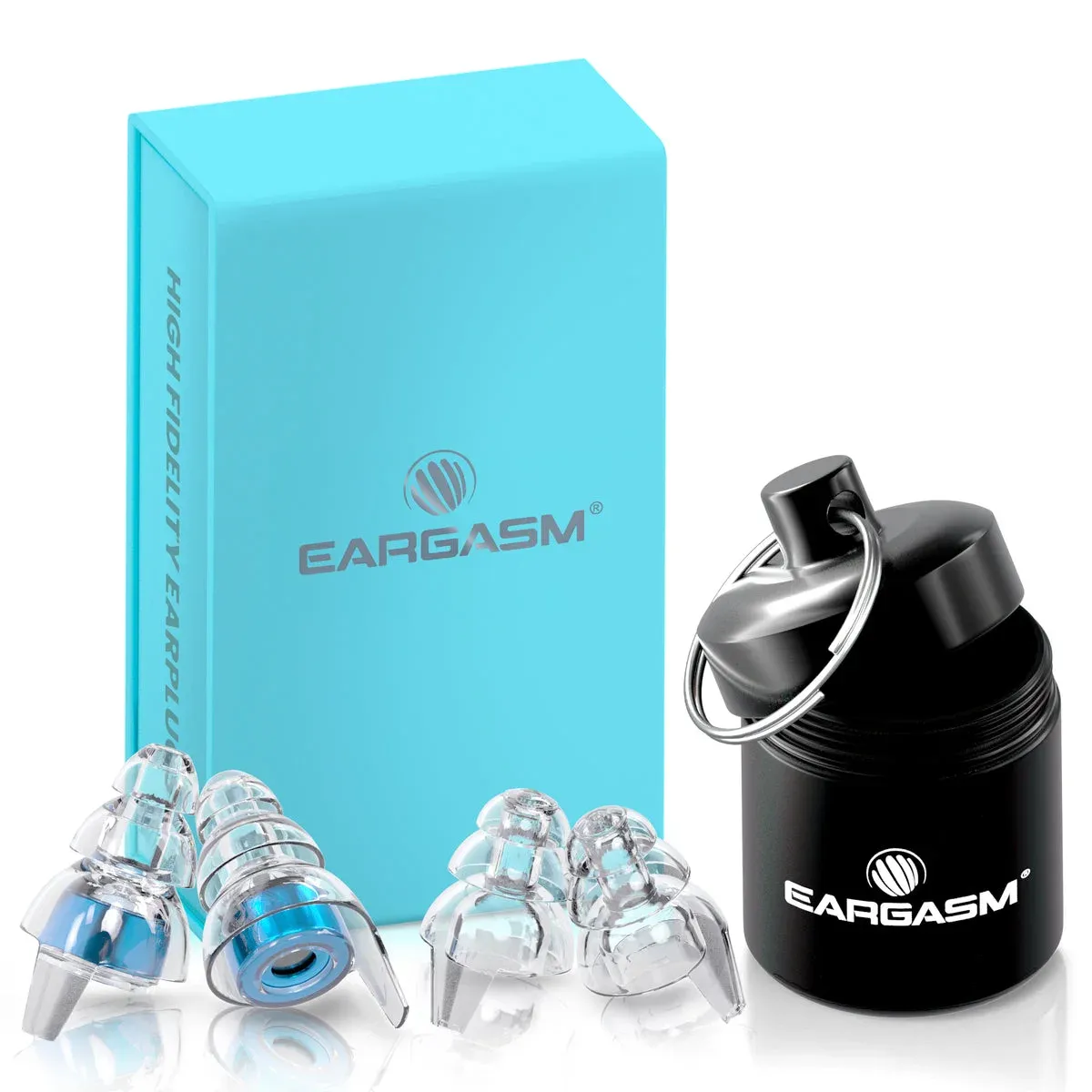 Eargasm High Fidelity earplugs, alternate shells, aluminum case, and blue presentation box.