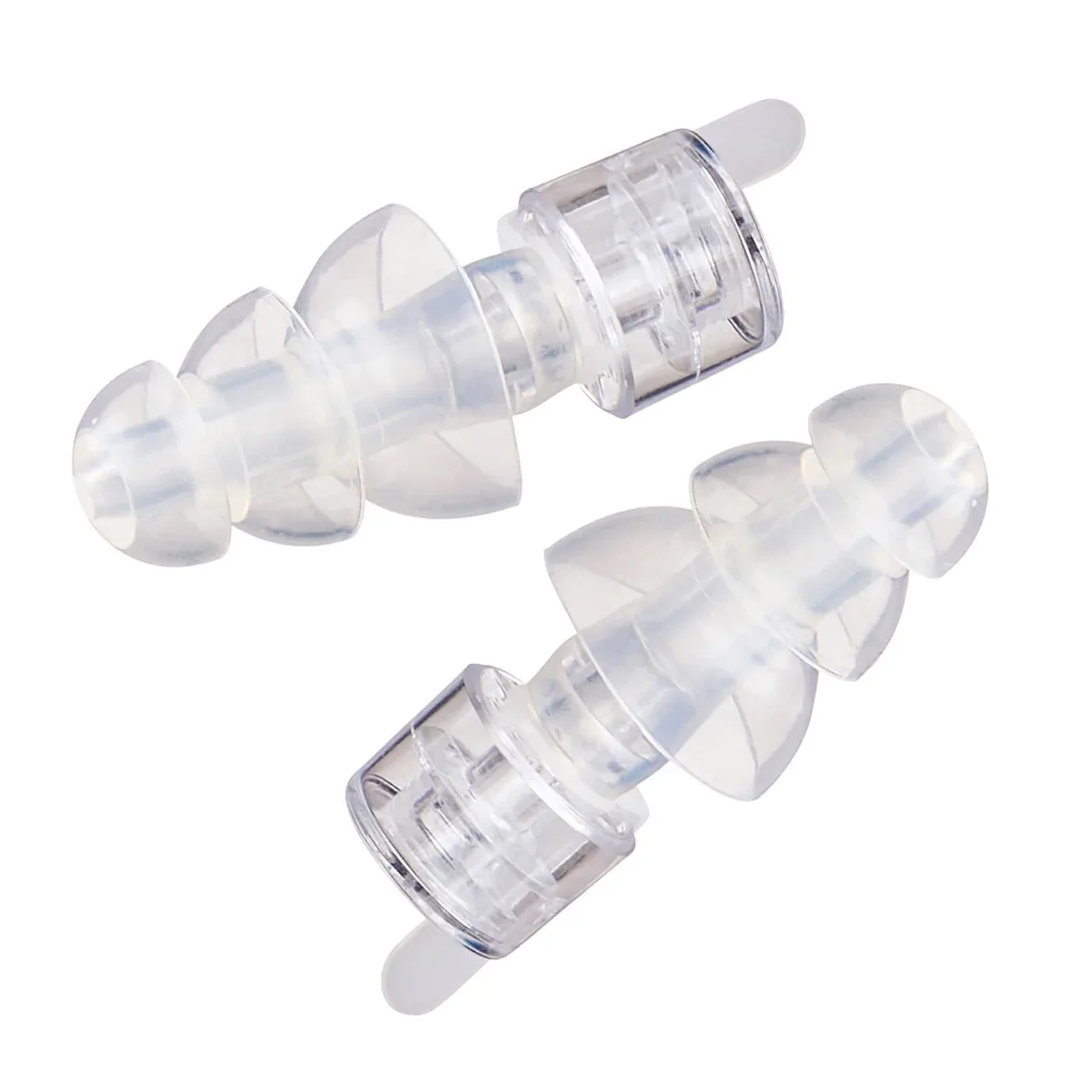 Pair of clear Etymotic ER20XS earplugs with triple-flange tips.