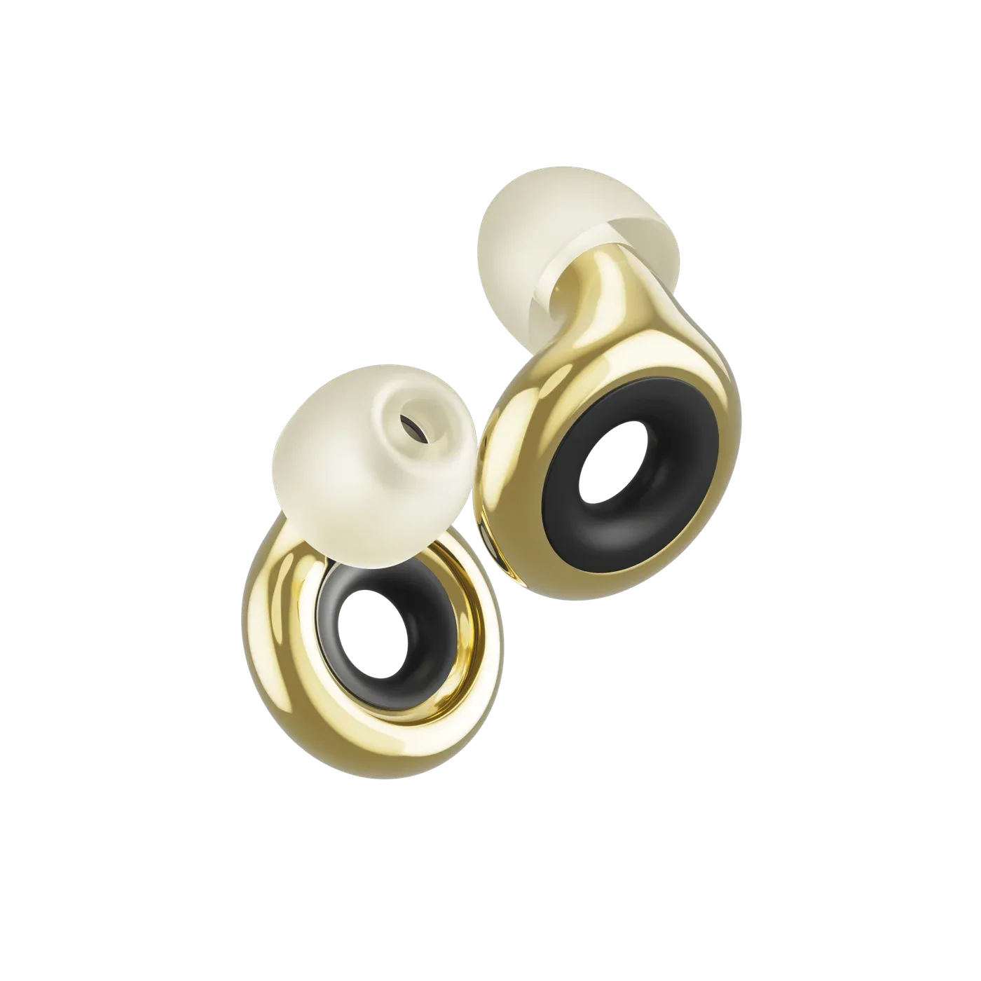 Gold Loop Experience 2 Plus earplugs with cream silicone tips and black Mute inserts.