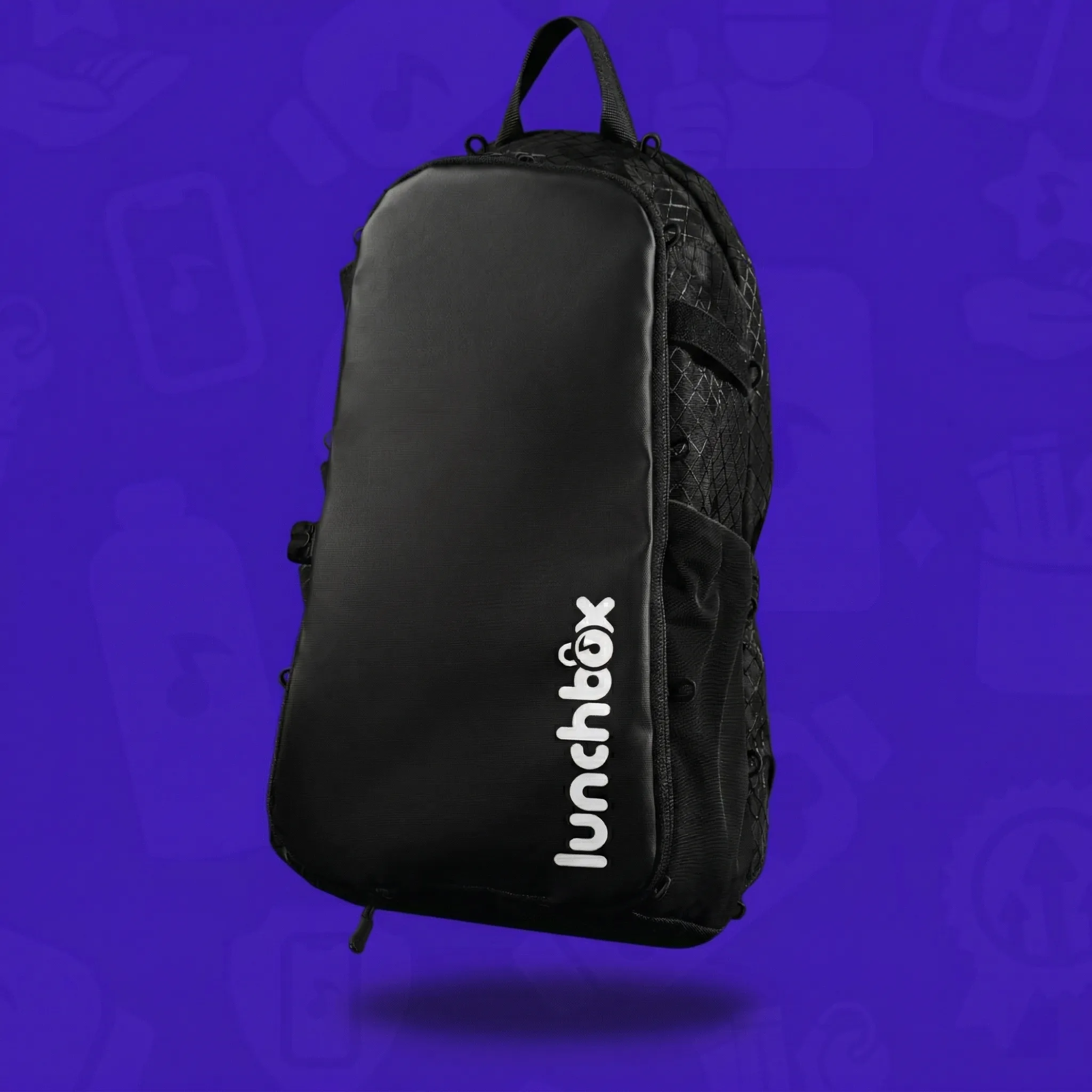 Black Lunchbox Hydration Pack with Cloud Mesh on a purple background.