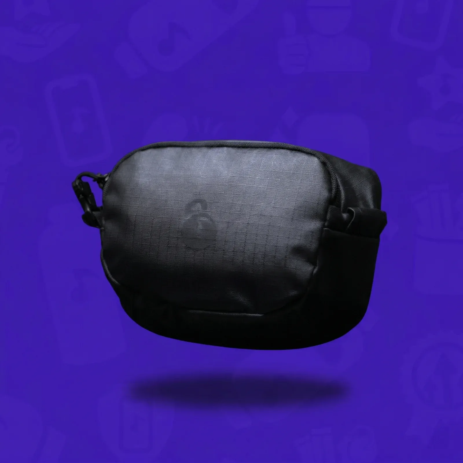 Front view of the black Lunchbox Snack Pack on a purple background.