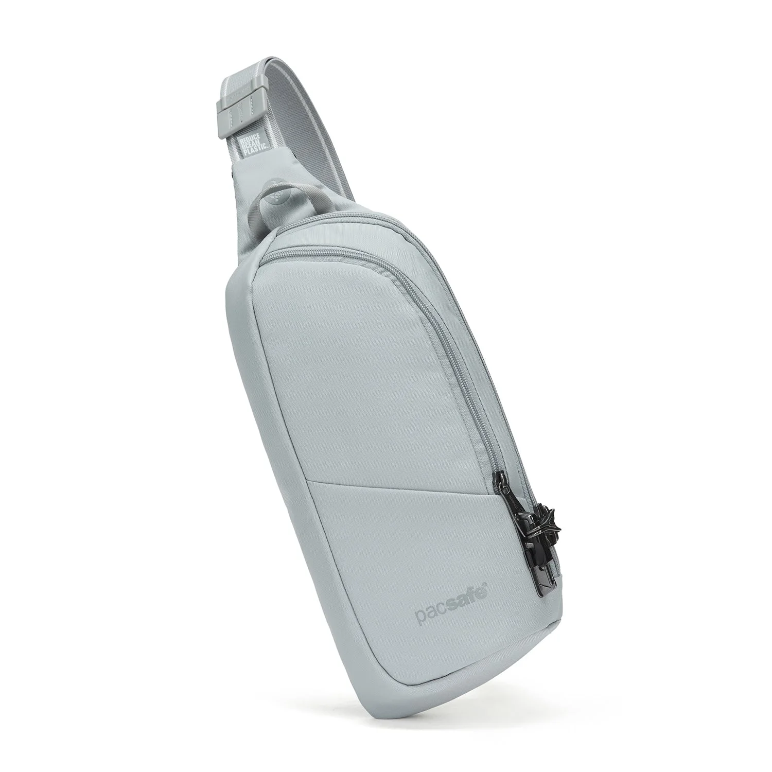 Pacsafe V Anti-Theft Action Sling Pack in Digital Gray, shown from a three-quarter front angle.