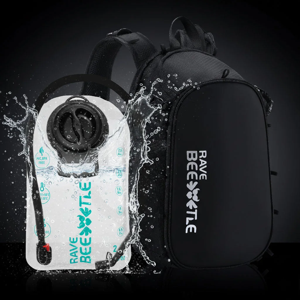 Black RaveBeetle Elytra Hydration Pack 3.0 beside its 2.5-liter reservoir.
