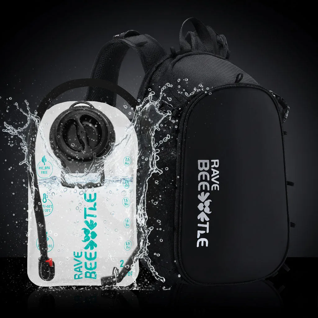 Black RaveBeetle Elytra Hydration Pack 3.0 beside its 2.5-liter reservoir.