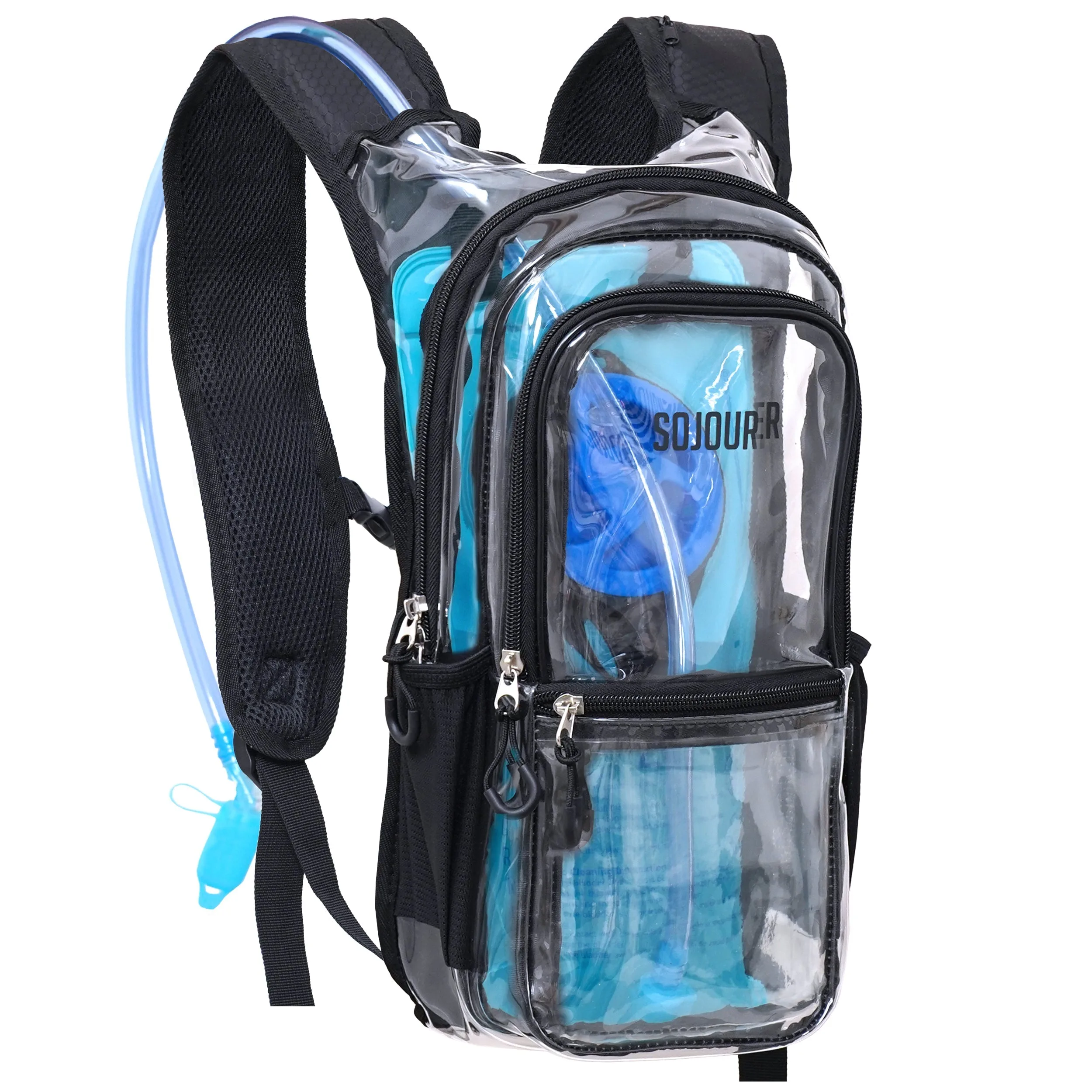 Clear medium Sojourner hydration backpack with black trim and a blue reservoir.