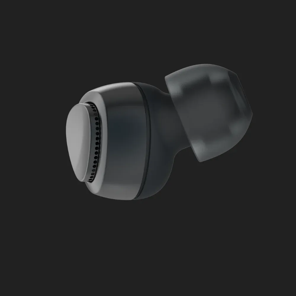 Black Unplugs click-to-control earplug in its open listening mode.