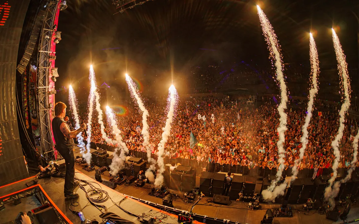 Fireworks rising above a Beyond Wonderland at the Gorge crowd