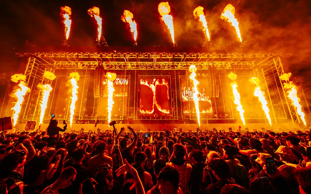 The Beyond Wonderland Southern California stage framed by flames