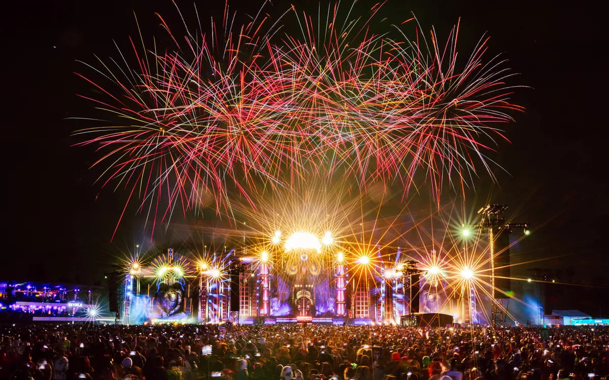 Fireworks bursting above the EDC Mexico festival grounds